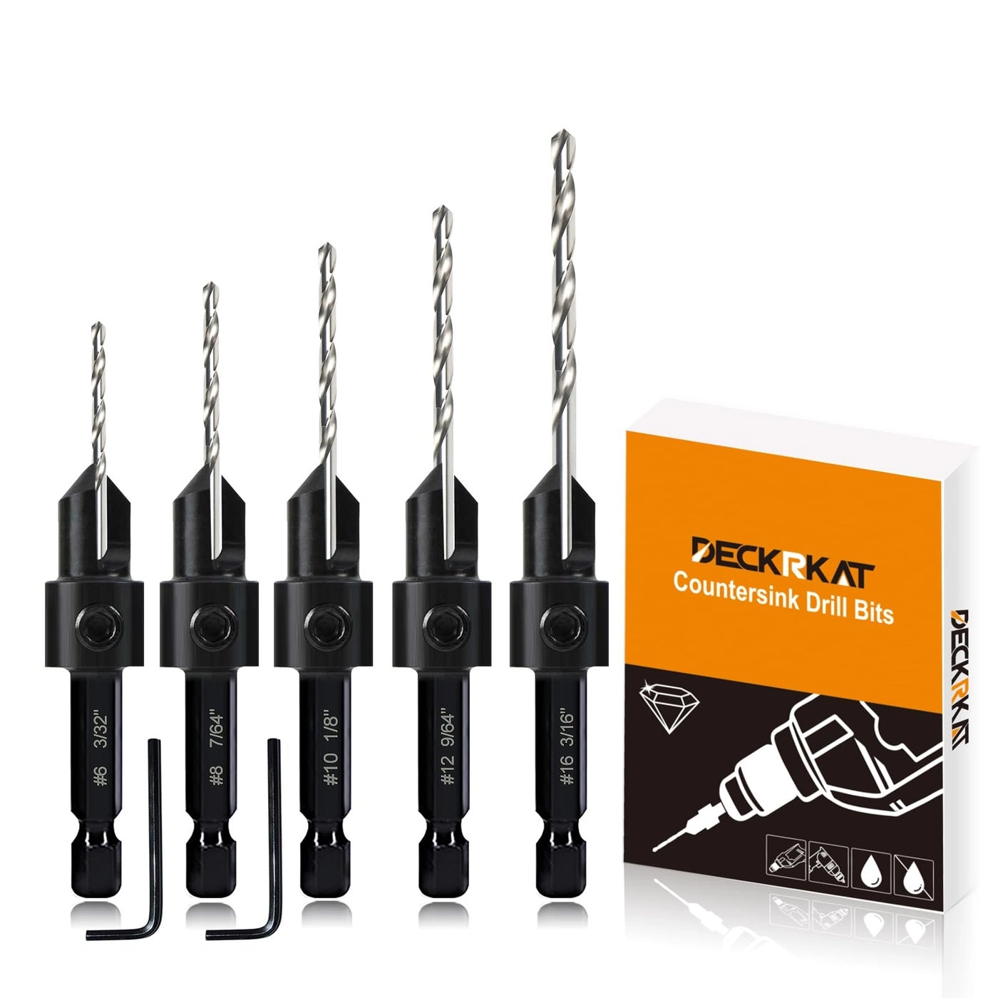 DECKRKAT Countersink Counterbore Drill Bit Set - M2 steel high carbon steel 5pc 6 8 10 12 16