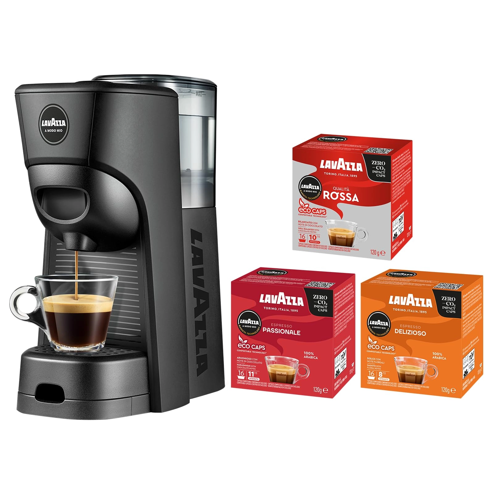 Lavazza Tiny Eco + Qualitia Rossa - 16 pack + Passionale - 16 pack + Delizioso - 16 pack
