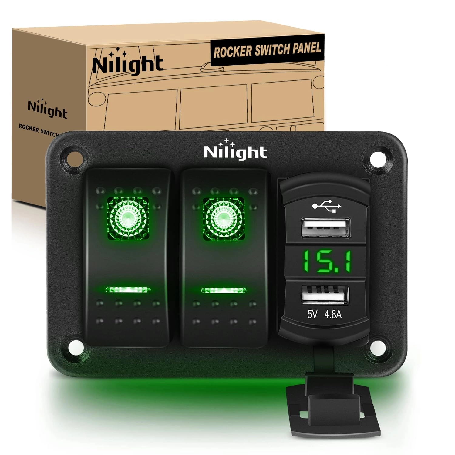 Nilight 2 Gang Rocker Switch Panel - 4.8A Dual USB Charger Voltmeter 12V 24V DC