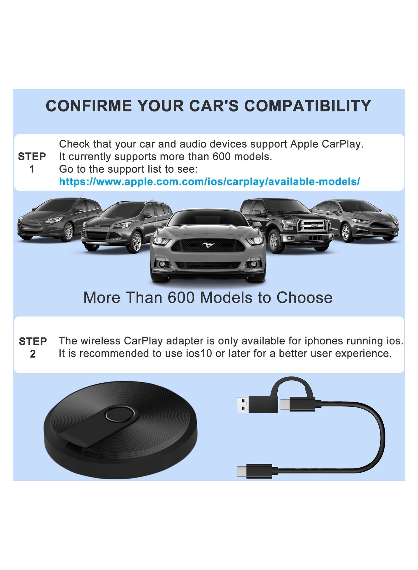 Wired CarPlay Adapter - Bluetooth 5.0 iPhone iOS 10+