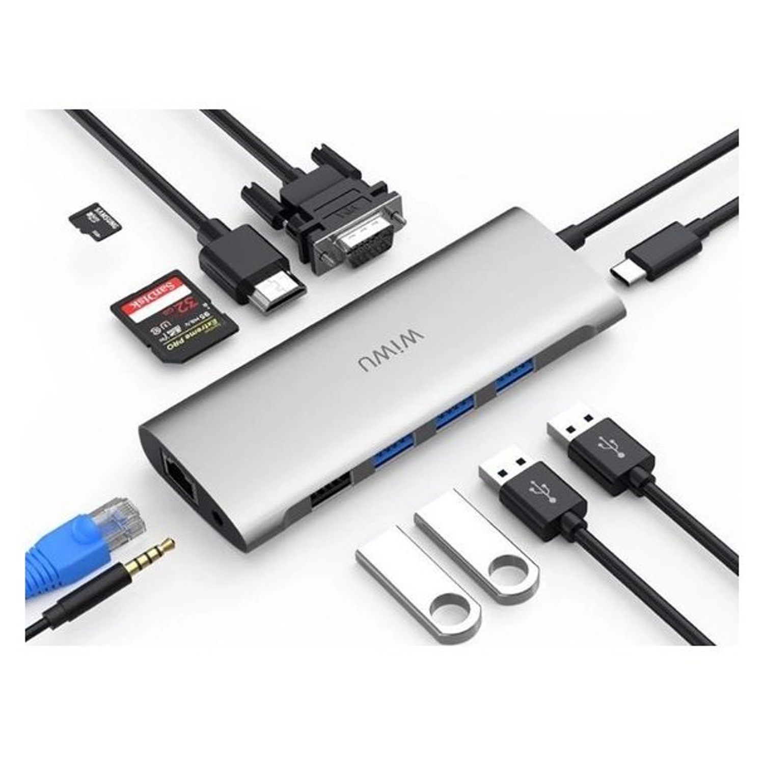Alpha - USB C to RJ45 HDMI VGA Micro SD TF Card Reader