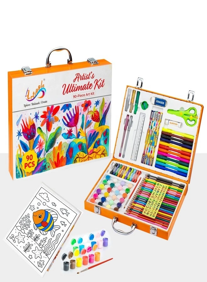 Ultimate Art Kit - 90 Piece Coloring Book Paints Crayons Sketch Pens Color Pencils Scissors Glitter Glue