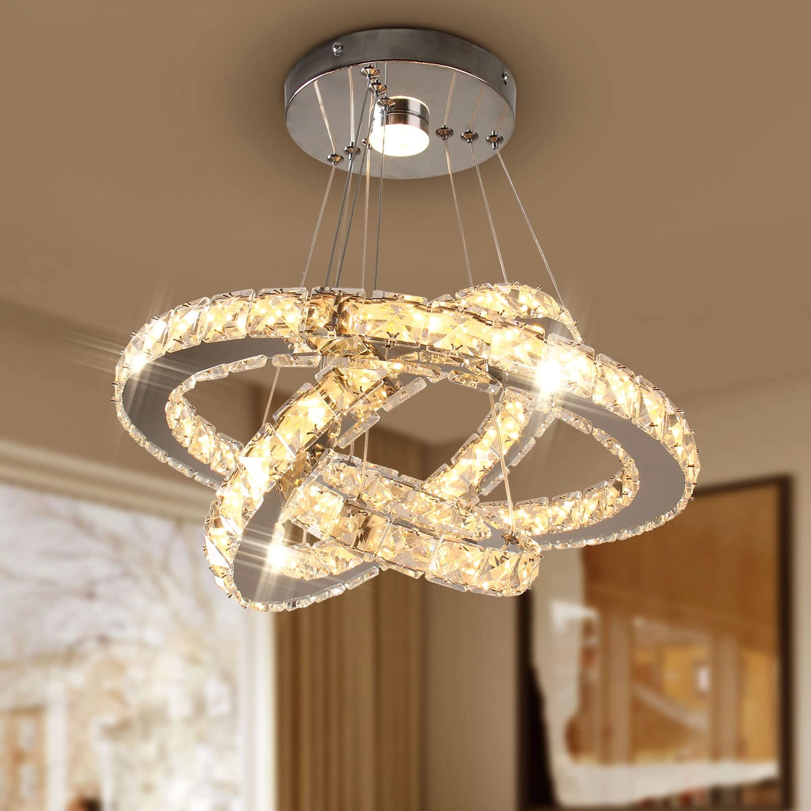 diisunbihuo LED Crystal Chandeliers 3 Rings - Warm White (2500K-3500K) Non-Dimmable