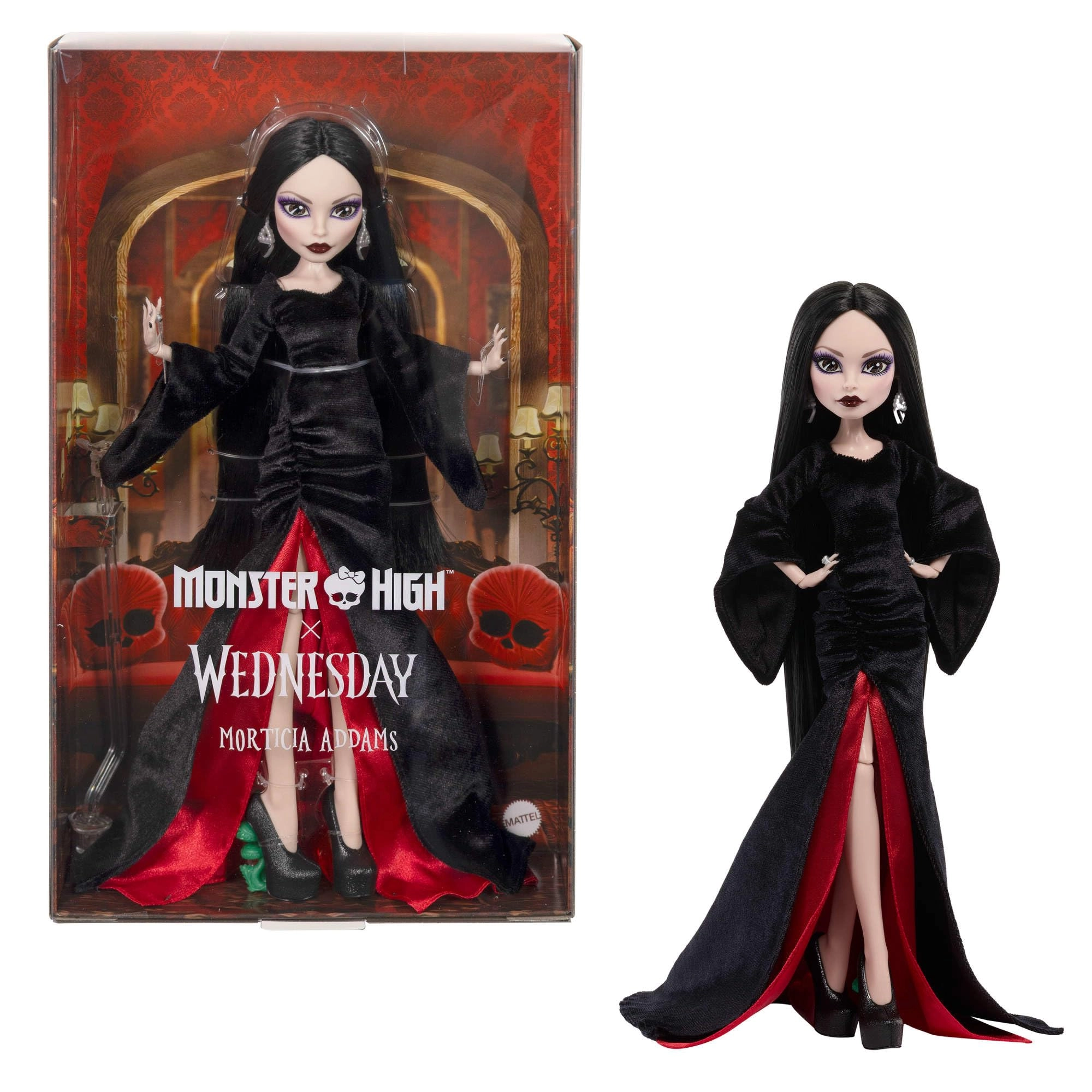 Mattel Morticia Addams Doll - Black and Crimson Velvet Dress Doll Stand Ages 6+