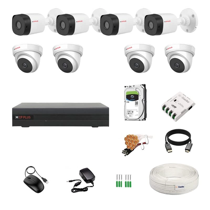 CP Plus illumax 5MP 8 Channel DVR + 5MP 4 Dome & 4 Bullet Cameras + HDD + 8 CH SMPS + CCTV Cable + BNC/DC - 2 TB 8 channels