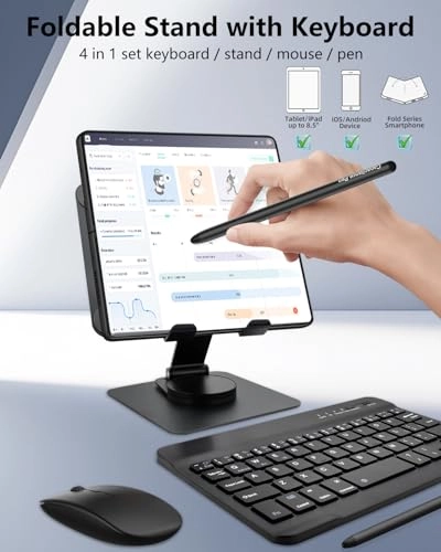 Bluetooth Wireless Keyboard - Mini Portable + Phone Stand Holder - Adjustable Foldable + Stylus Pen + Mouse