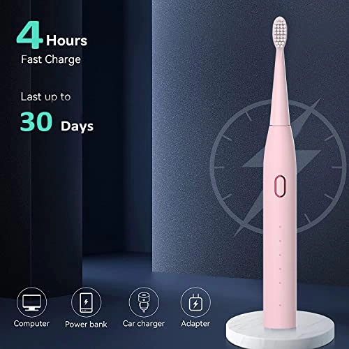 Sonic Tooth Brush - 5 Brushing Modes 4 Replaceable Brush Heads Pink