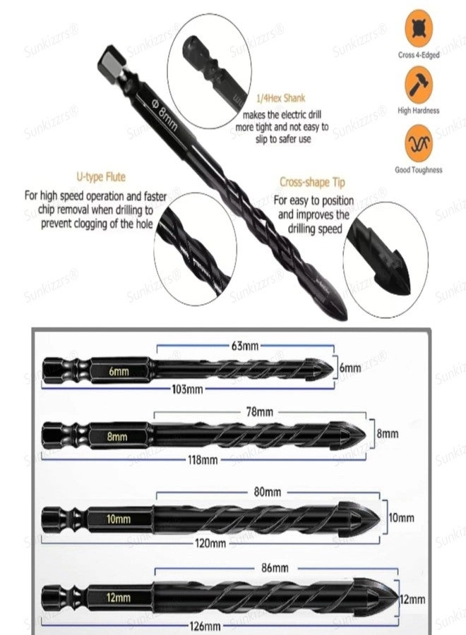 Hex Cross Tile Drill Bits - Alloy Steel 5pcs 8mm