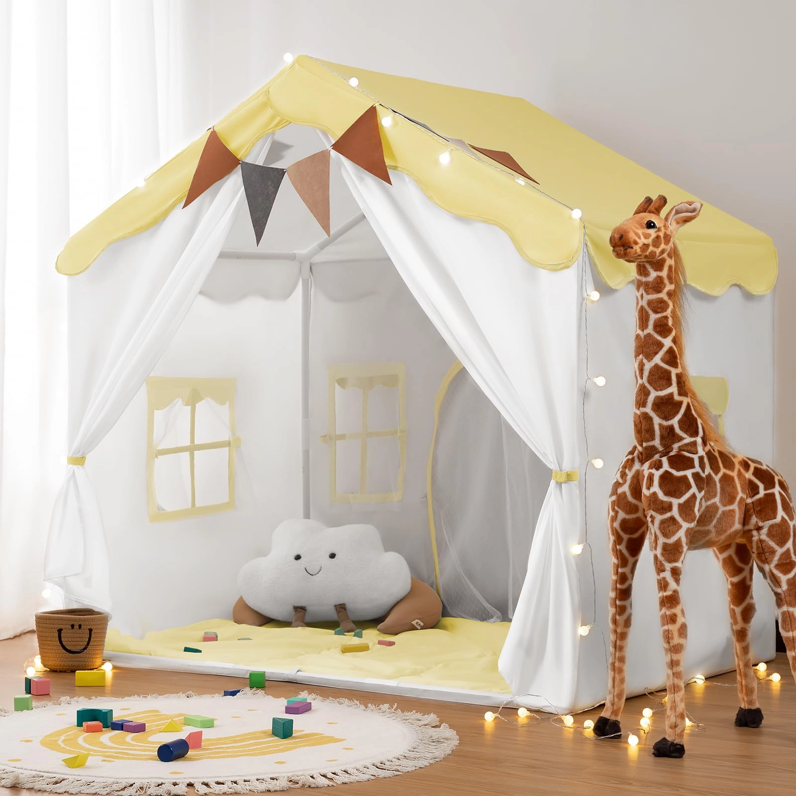 2-in-1 Kids Play House Tent - 130 cm x 89 cm x 130 cm Brown
