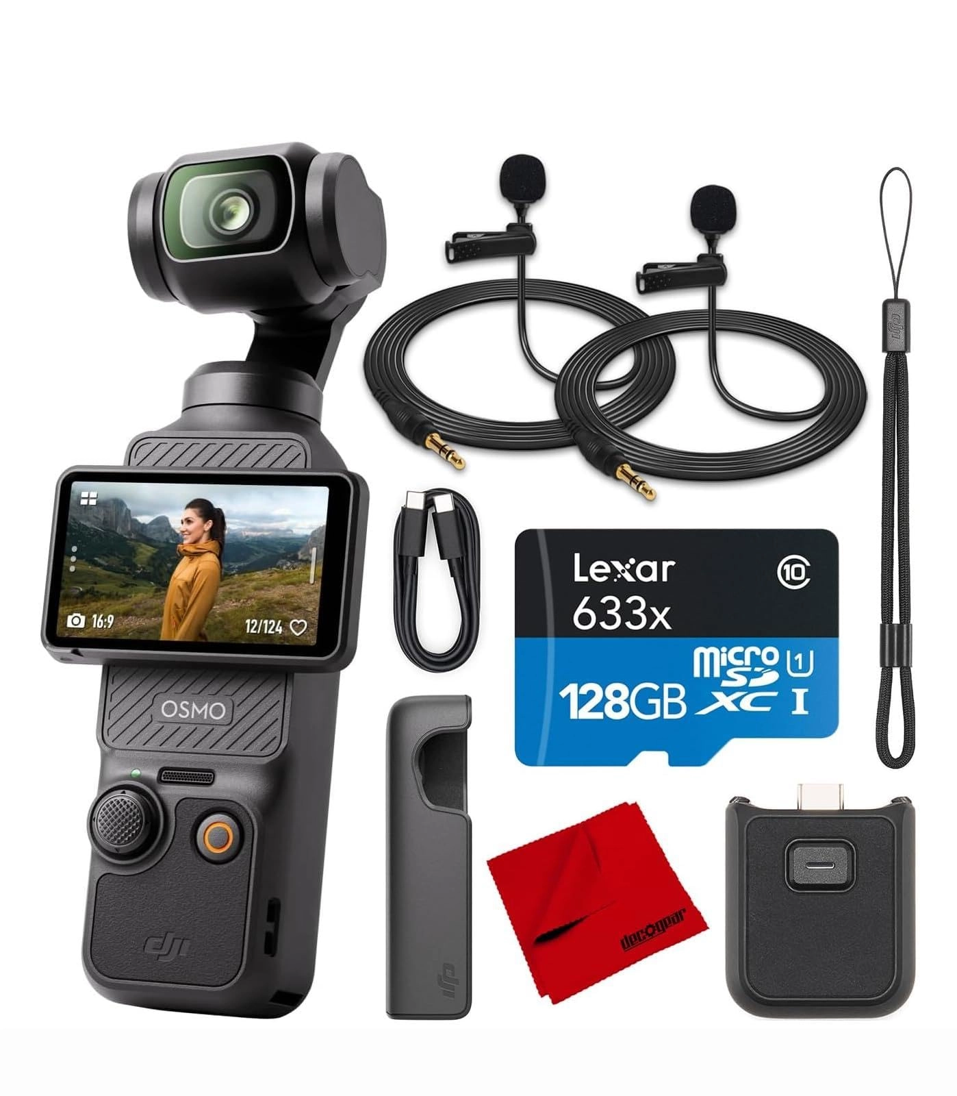 DJI Osmo Pocket 3 + Lapel Microphones + Memory Card + Microfiber Screen Cloth