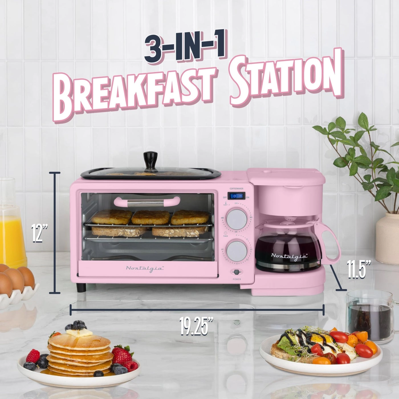 3-in-1 Retro Breakfast Station - 5 Cups Non-Stick Ceramic Griddle 4-Slice Toaster Oven