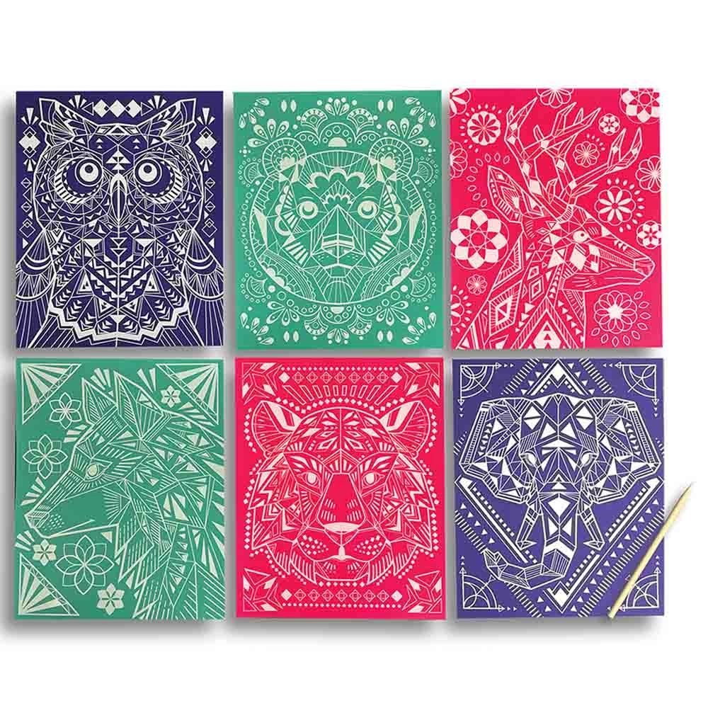 Scratch & Shine Foil Scratch Art Kit - Geometric Animals - 6 pcs 6+ years