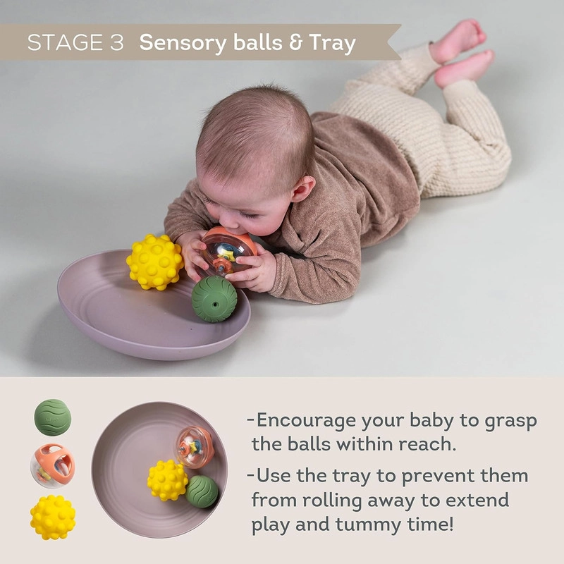 Tummy Time Pillow + Water Mat + Interactive Tray - 3 sensory balls + Crinkle Baby Book - Double-sided
