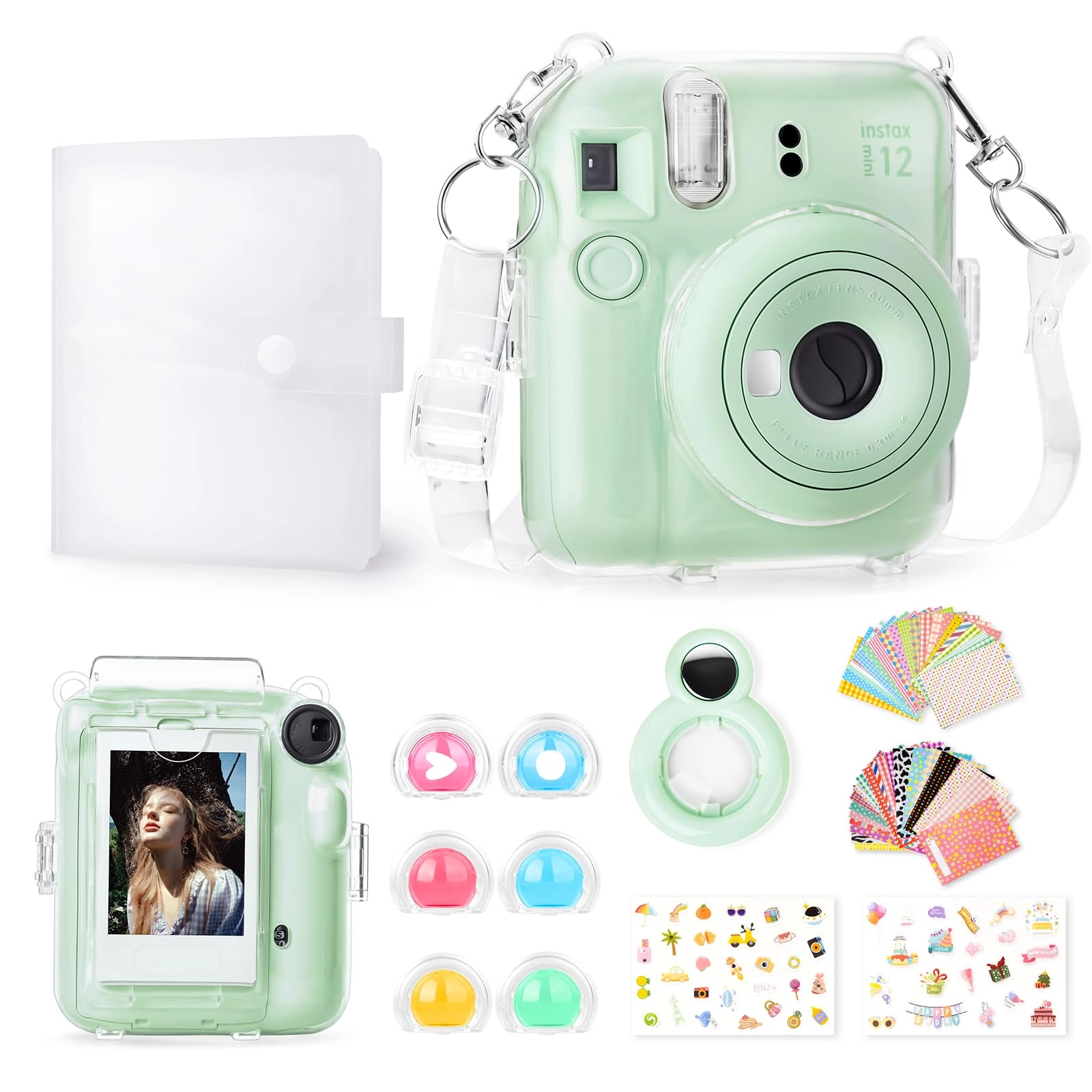 Clear Case - with Strap + Mini Photo Album - 80 Photos + Selfie Mirror + DIY Stickers - x2 + Color Filter - x4