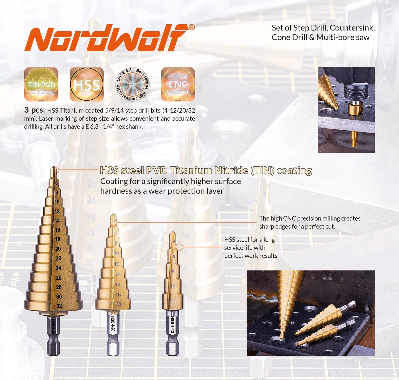 HSS Titanium Metric Step, Countersink, Cone Drills - 12-Piece