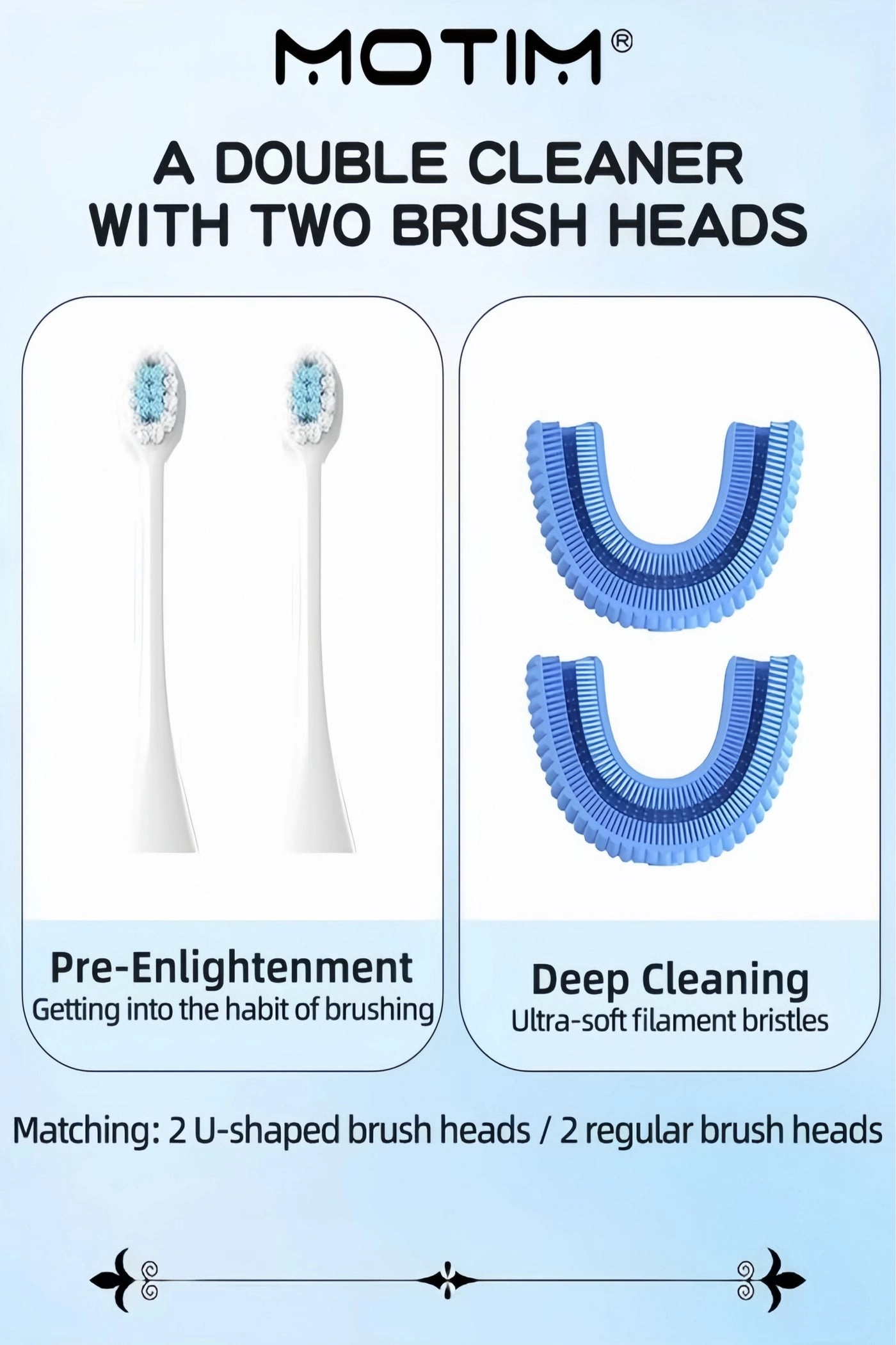 Kids Electric Toothbrush - U-Shaped Ultrasonic, 2 U-Shaped + 2 Straight Replacement Heads