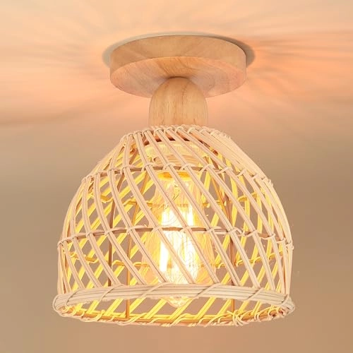 Retro Rattan and Wood Bohemian Design Ceiling Light
