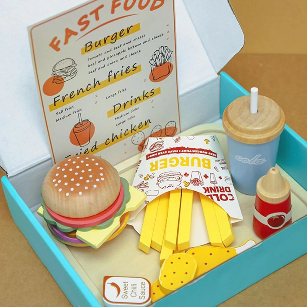 Kids Wooden Fast Food Burger & Fries Playset - 15+ Pcs