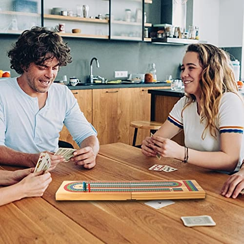 Three-Track Cribbage Board - Multi-Color Wooden 2 Deck Playing Cards
