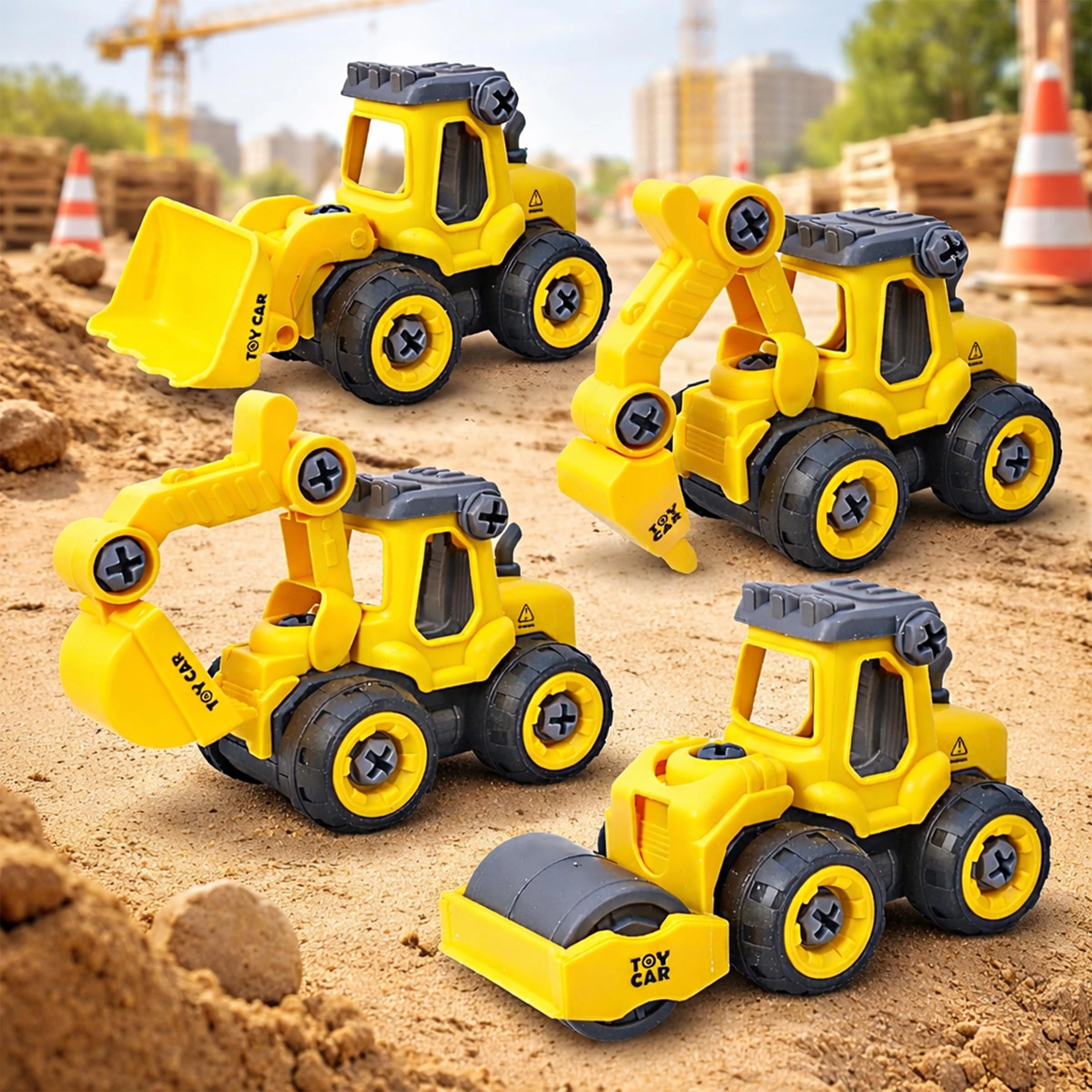 Sunshine Gifting Road Roller + Bulldozer + Excavator + Drilling Truck - Construction