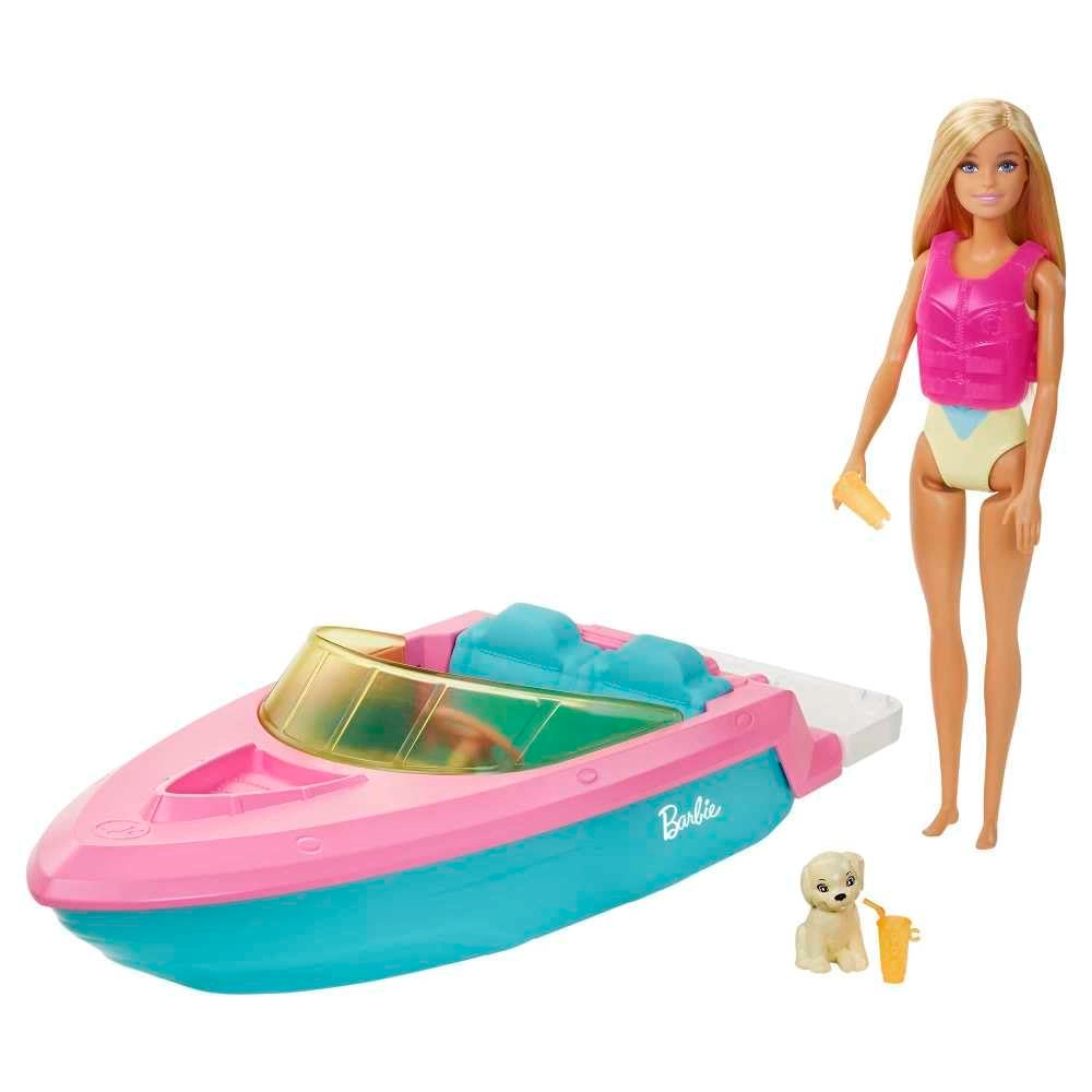 Barbie Boat - Floats in water + Doll - Hot-pink life vest + Puppy