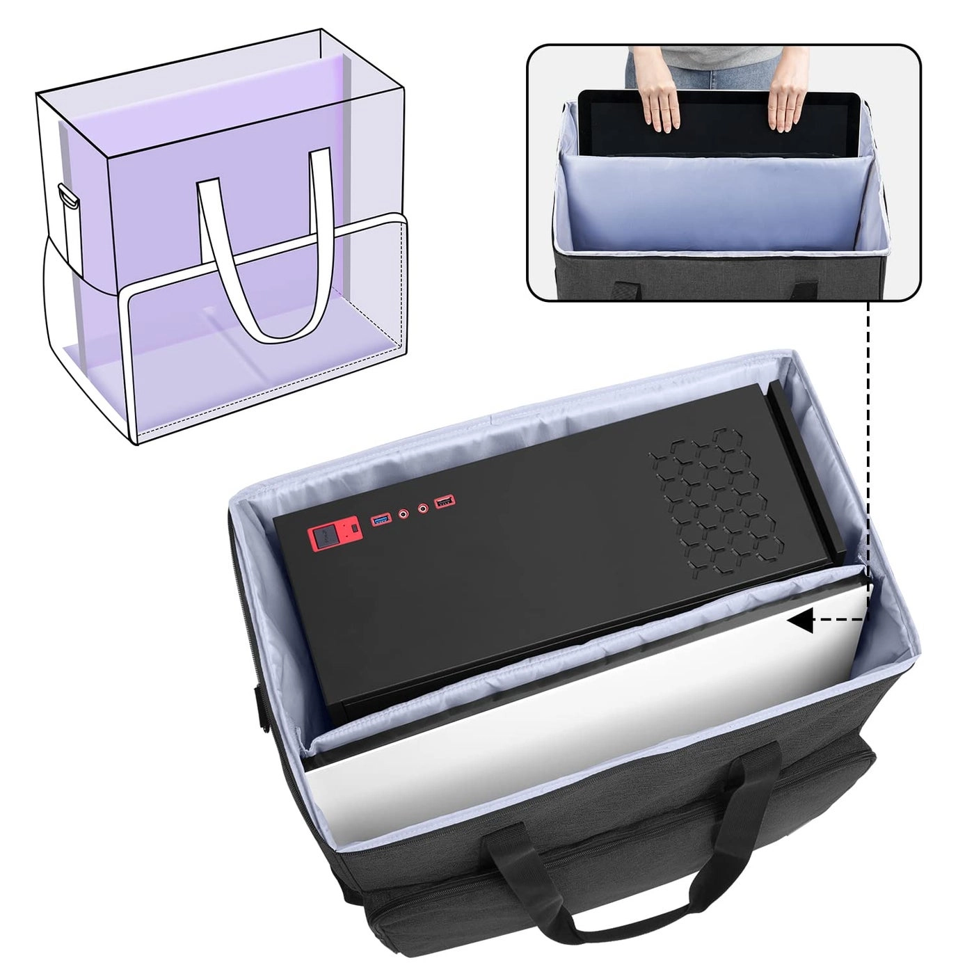 PC Carrying Case - L20"*W12"*H20.2" Desktop Tower and Monitor Desktop Travel Bag