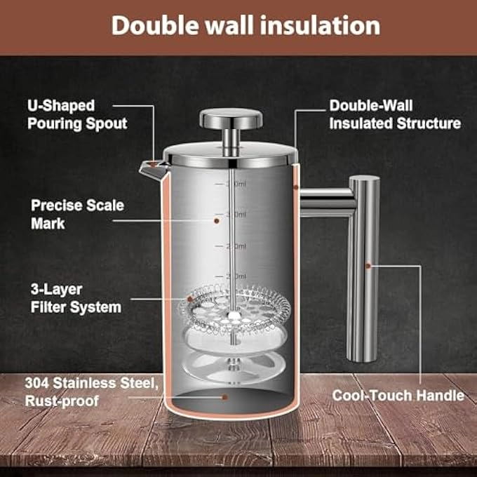 French Press - 350Ml12Oz DoubleWall 3Level Filtration