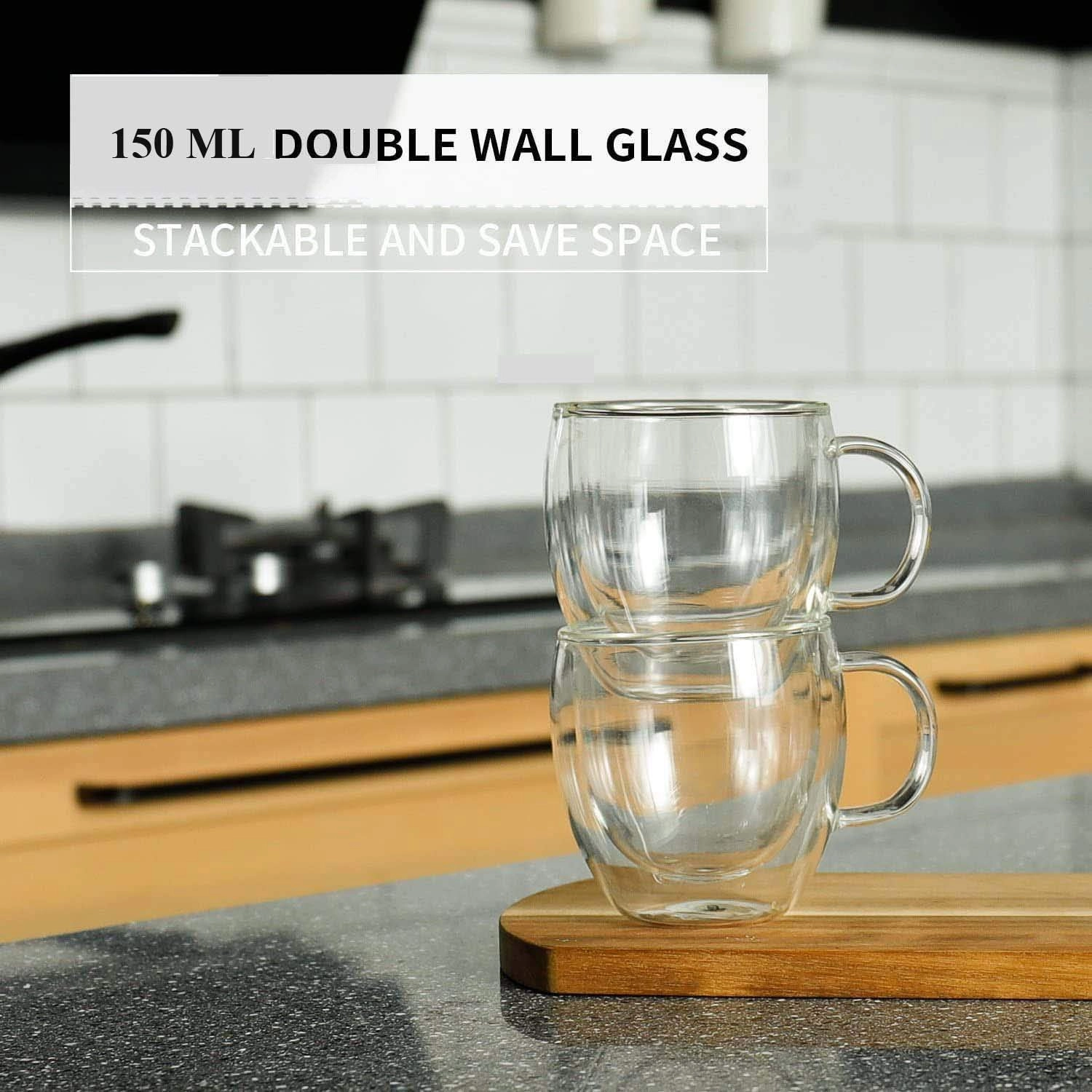 Lushh Double Wall Insulated Glass Cup with Handle - 2 pcs - 150 ml