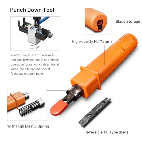 Pass Through Crimper + RJ45 Tester + 110/88 Punch Down Tool + Stripper + Cutter + Cat6 Pass Through Connectors and Boots - 4 6 8 LAN/Ethernet