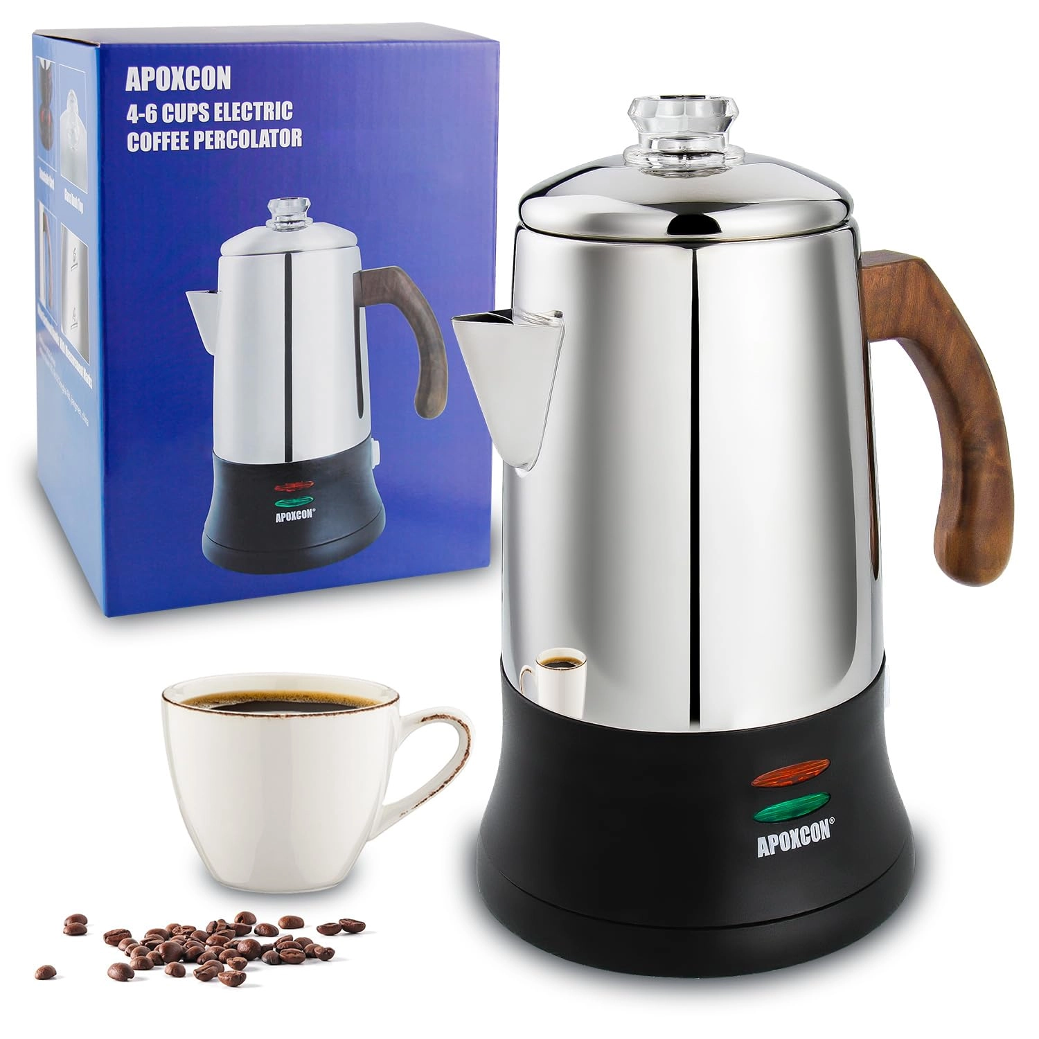 APOXCON Electric Coffee Percolator - 6 Cups Keep Warm Cordless Serve