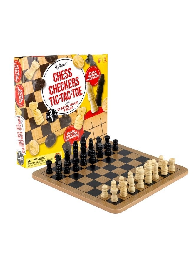 Reversible Wooden Board - Chess Checkers Tic-Tac-Toe