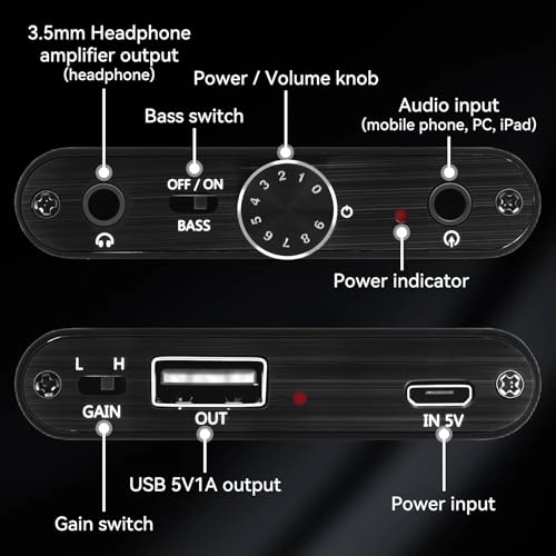 Portable HiFi Headphone Amplifier - 3.5mm Mini Audio Amp Two-Stage Gain Switch 16-300Ω Impedance