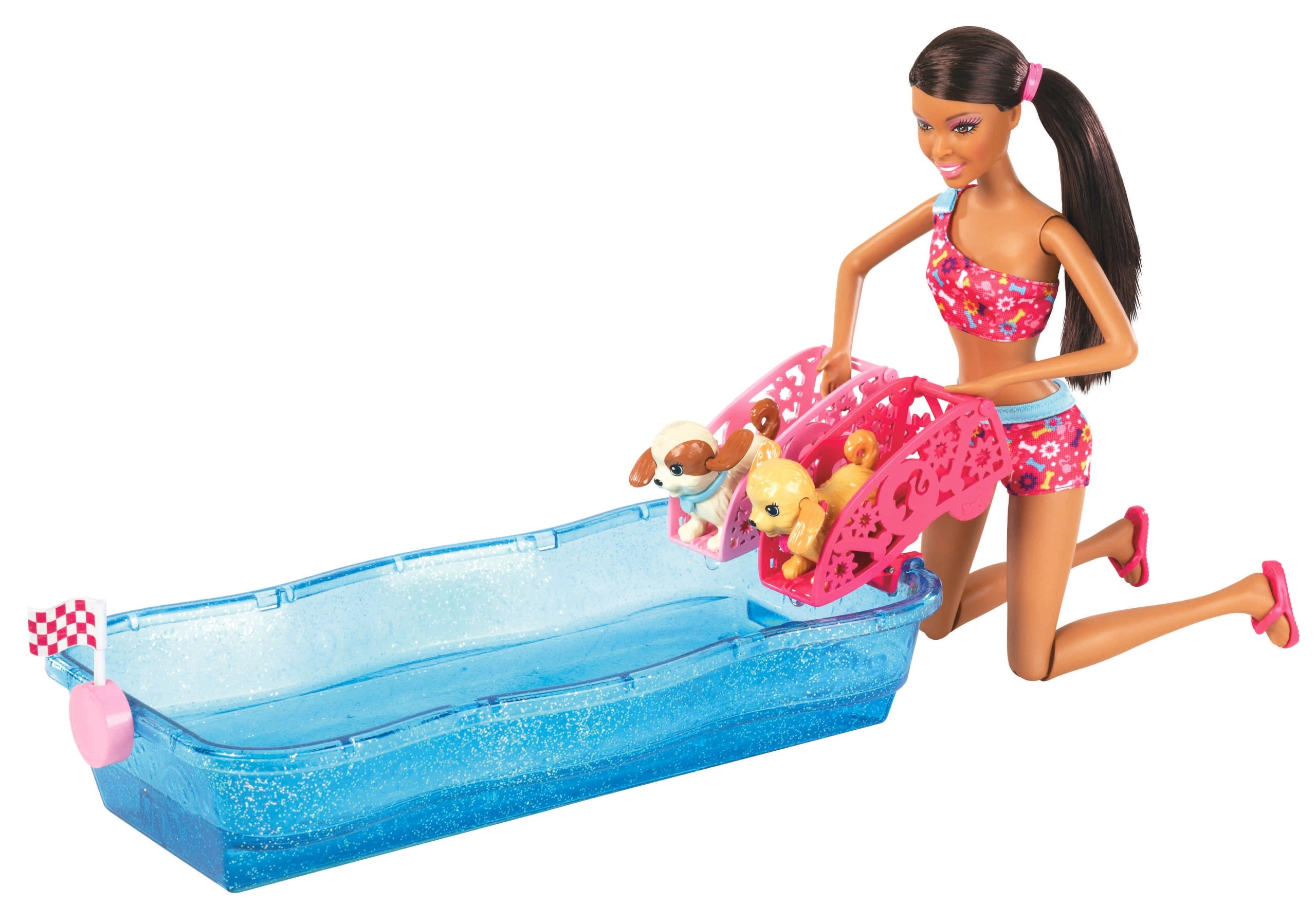 Barbie Swim and Race Pups Doll Playset - 1 Doll 2 Swimming Puppies Pool Slide Flag