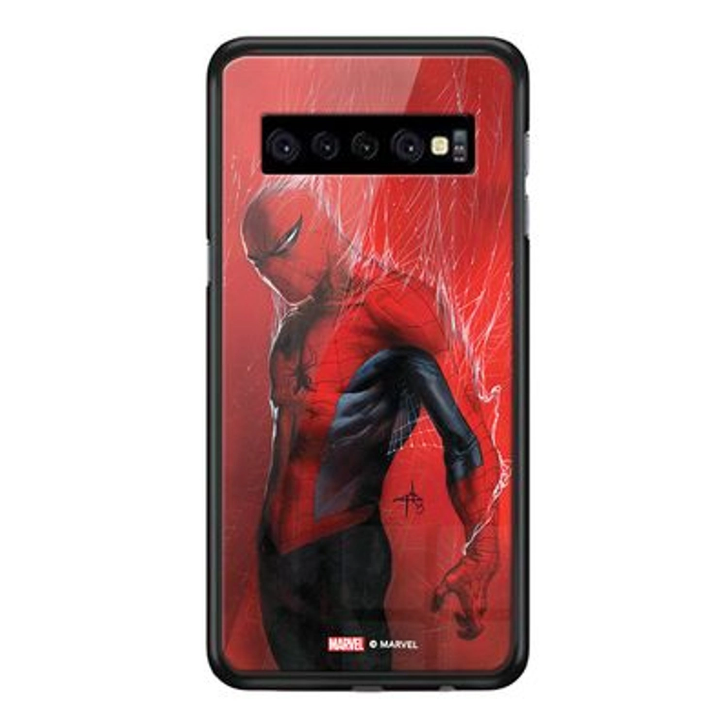 Wackylicious Webbed Spiderman Back Case for Galaxy S10 - TPU Bumper Case + Tempered Glass Back