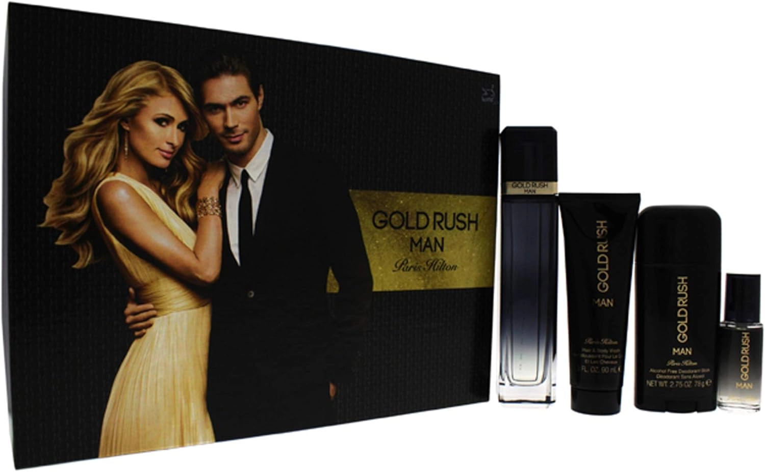 Paris Hilton Gold Rush Men Eau De Toilette + Hair & Body Wash + Deodorant Stick - 4 Pieces