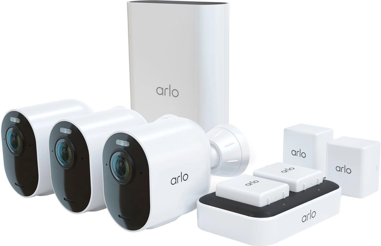 Arlo Ultra 2 + Base Station + Rechargeable Batteries + Dual Battery Charging Station + Anti-Theft Mounts + Security Yard Sign