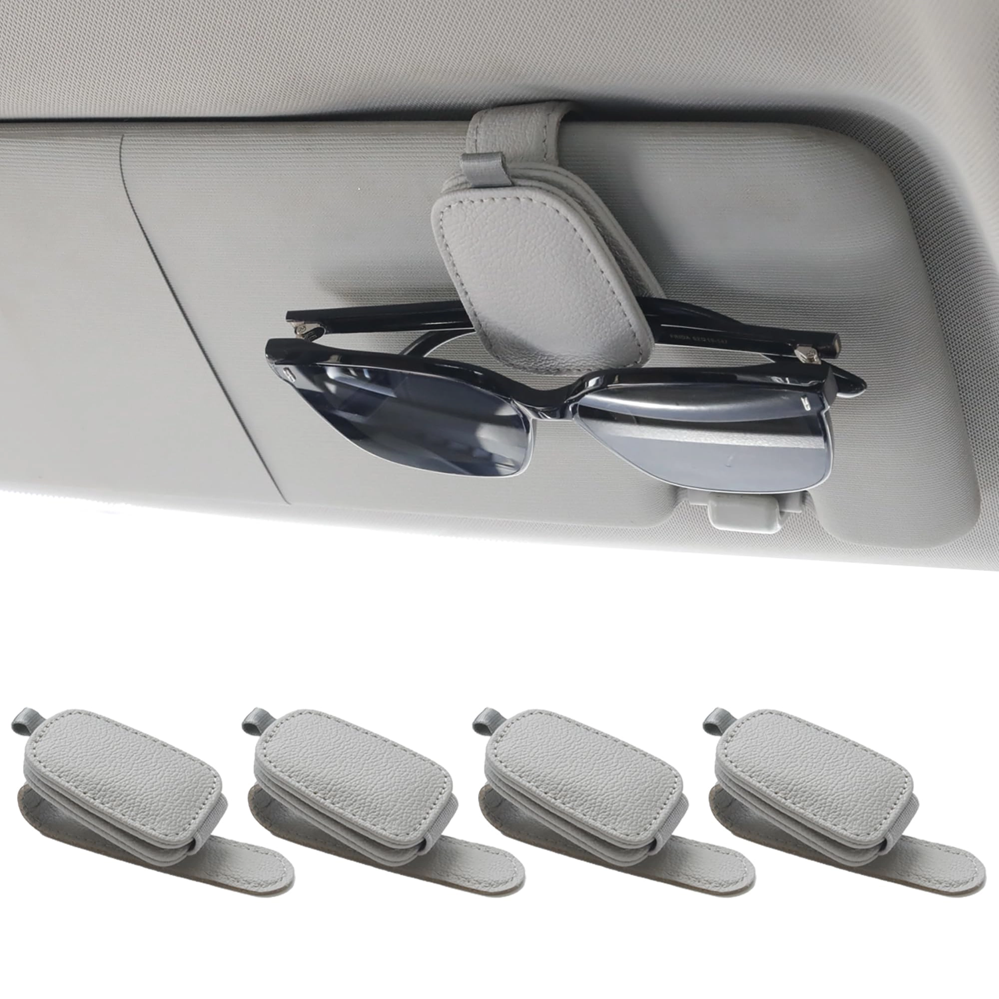 yuoyar Sunglass Holder for Car - Magnetic Leather Ticket Card Clip 4-Pack Silver Grey