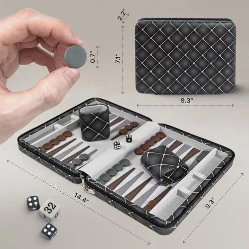 Magnetic Travel Backgammon Set - PU Leather 14" 32 Magnetic Pieces
