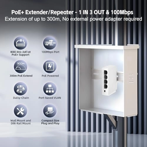PoE Extender - 4 ports 24W 44-57V IEEE802.3af/at 10/100Mbps