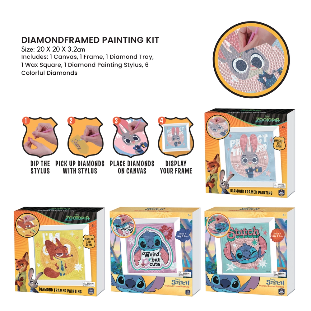 Zootopia Diamond Framed Painting Kit - 1 Canvas, 1 Frame, 1 Diamond Tray, 1 Wax Square, 1 Diamond Painting Stylus, 6 Colorful Diamonds