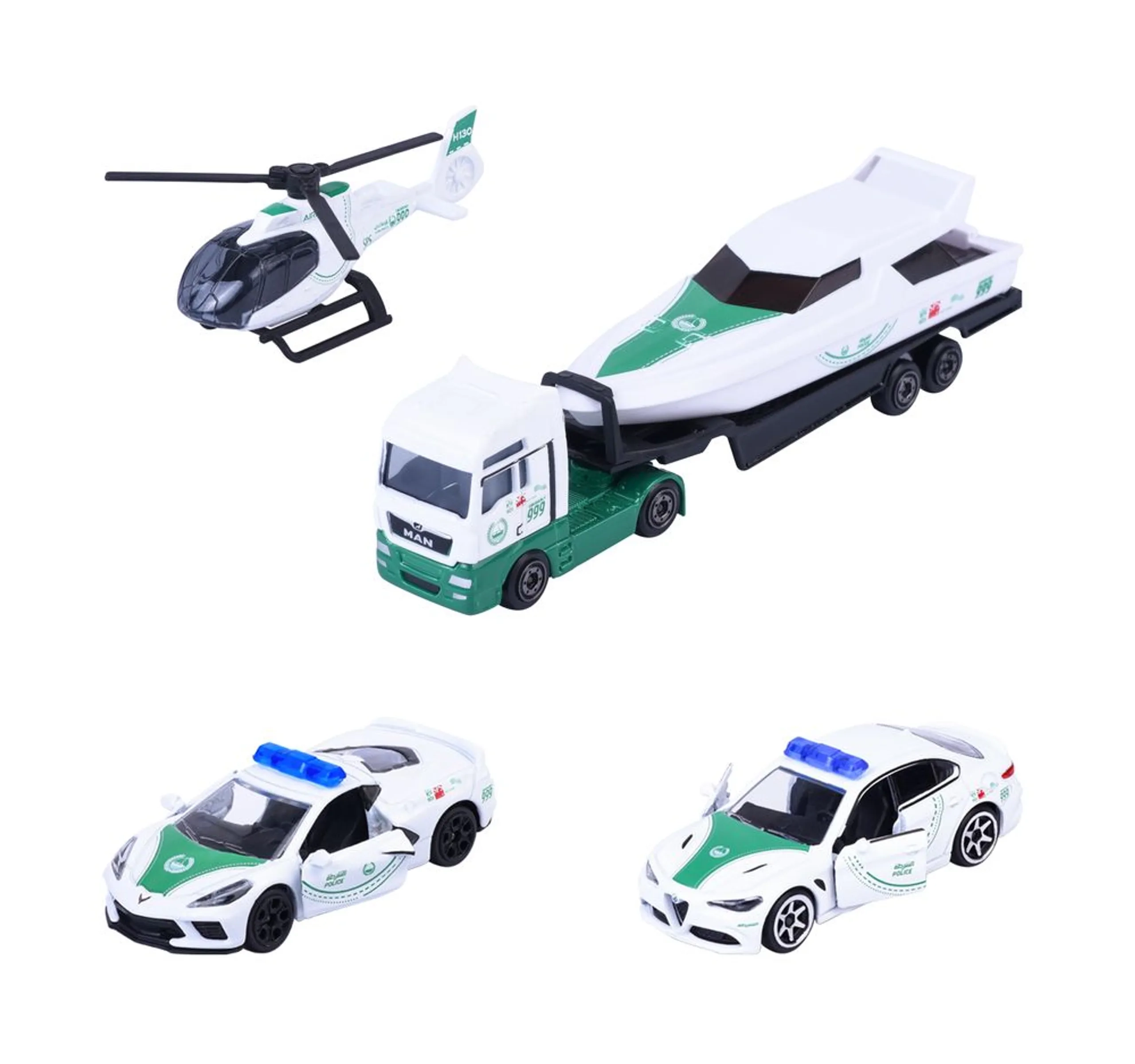 Alfa Romeo Giulia + Chevrolet Corvette + Helicopter + Truck + Boat - 1:64 12 Pcs
