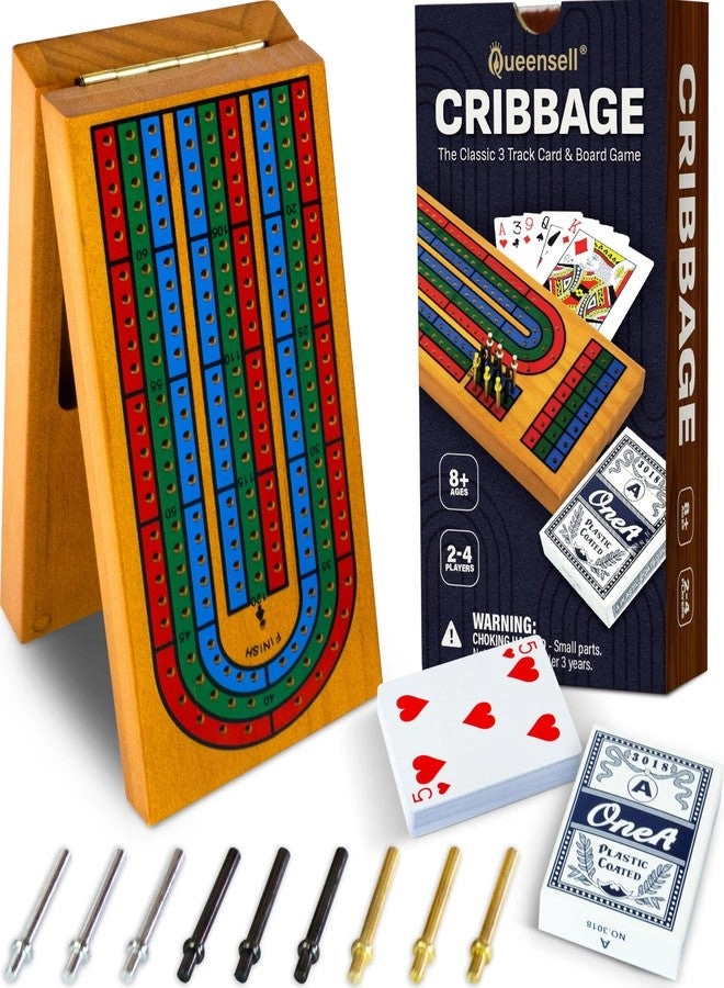 Queensell Cribbage Board - Folding Wooden Travel Card Storage