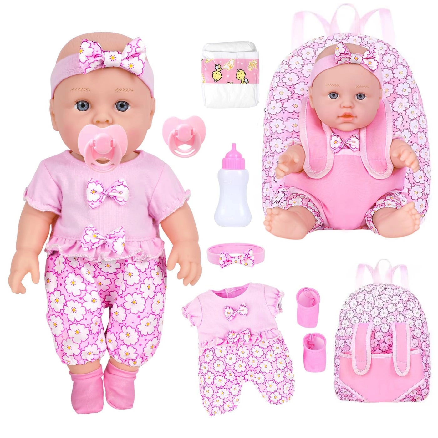 Reborn Baby Doll - 12 Inch + Baby Doll Clothes + Backpack Carrier - Pink Flower Pattern + Nipple + Feeding Bottle + Diaper Ages 3+