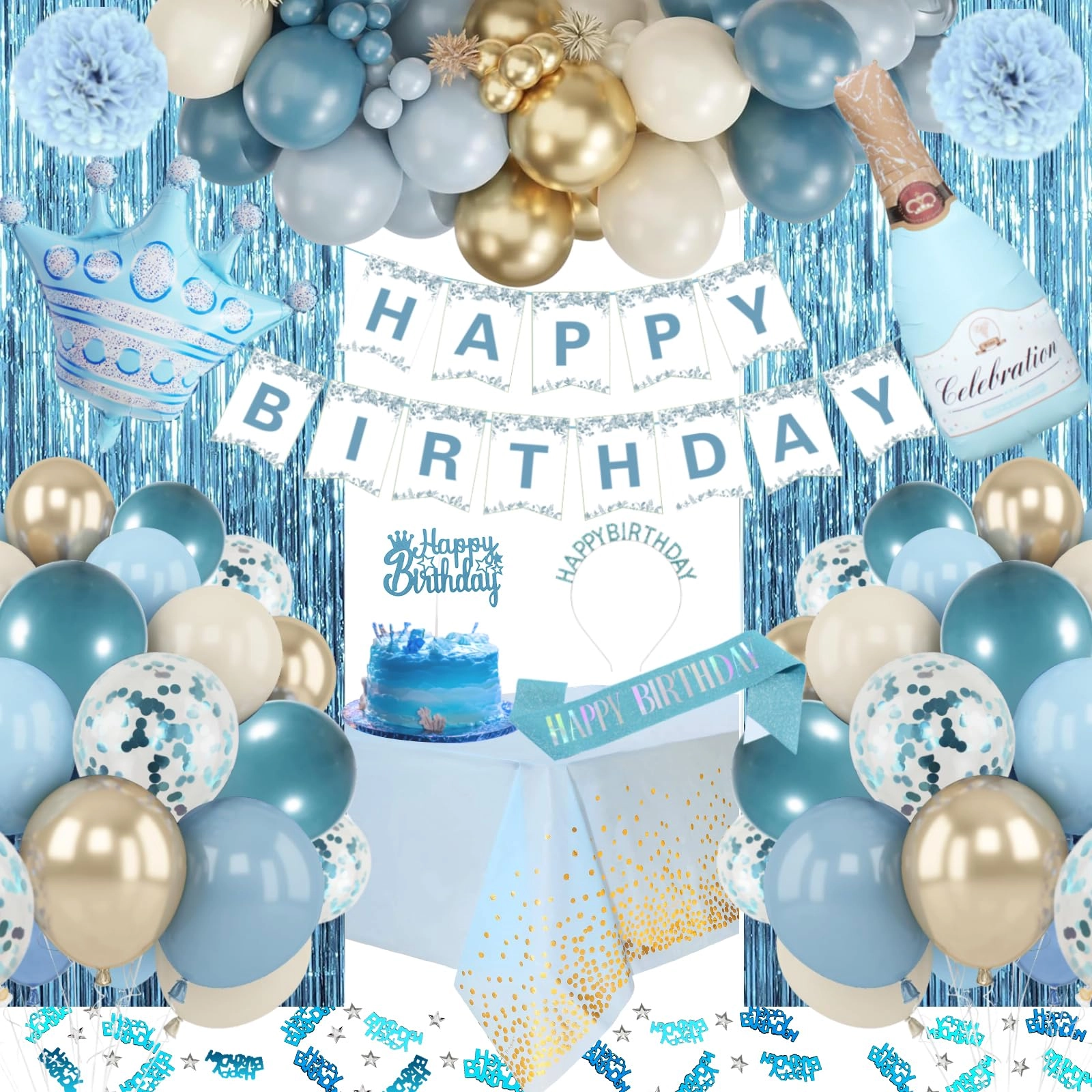 WEQTWL Happy Birthday Banner + Latex Confetti Star Heart foil Balloons + 3D Butterfly + Fringe Curtain + Tablecloth + Sash + Cake Topper + Pom Poms - Anniversary