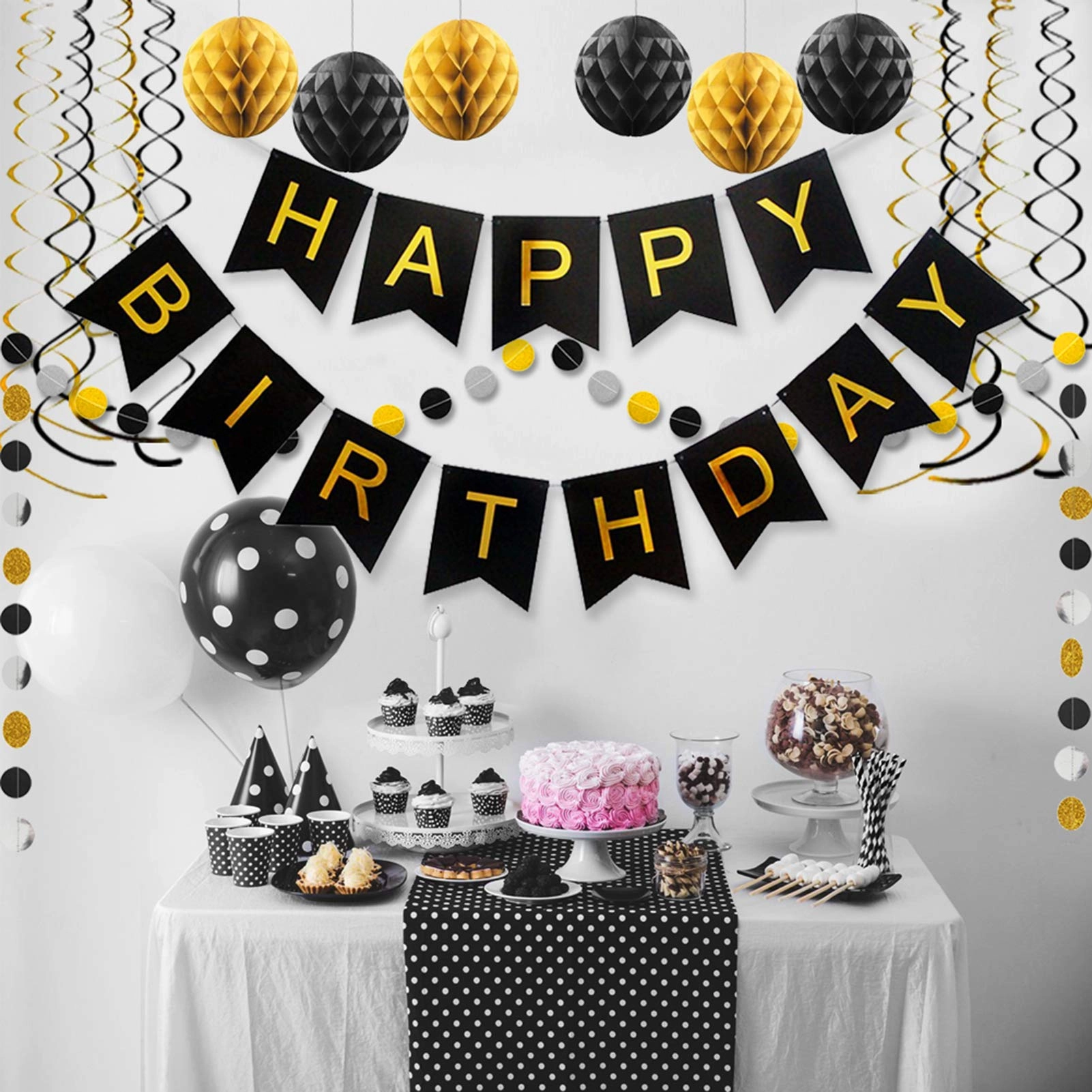 happy birthday banner + paper honeycomb balls + colorful circle paper garland + metallic hanging swirls