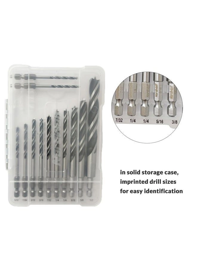 Brad Point Wood Drill Bit Set - High carbon steel 12-Piece 1/8" to 1/2"