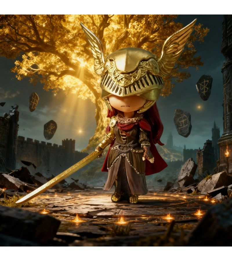 Generic NvWuShen Chibi Figure - Golden Helmet Armor Red Hair Sword