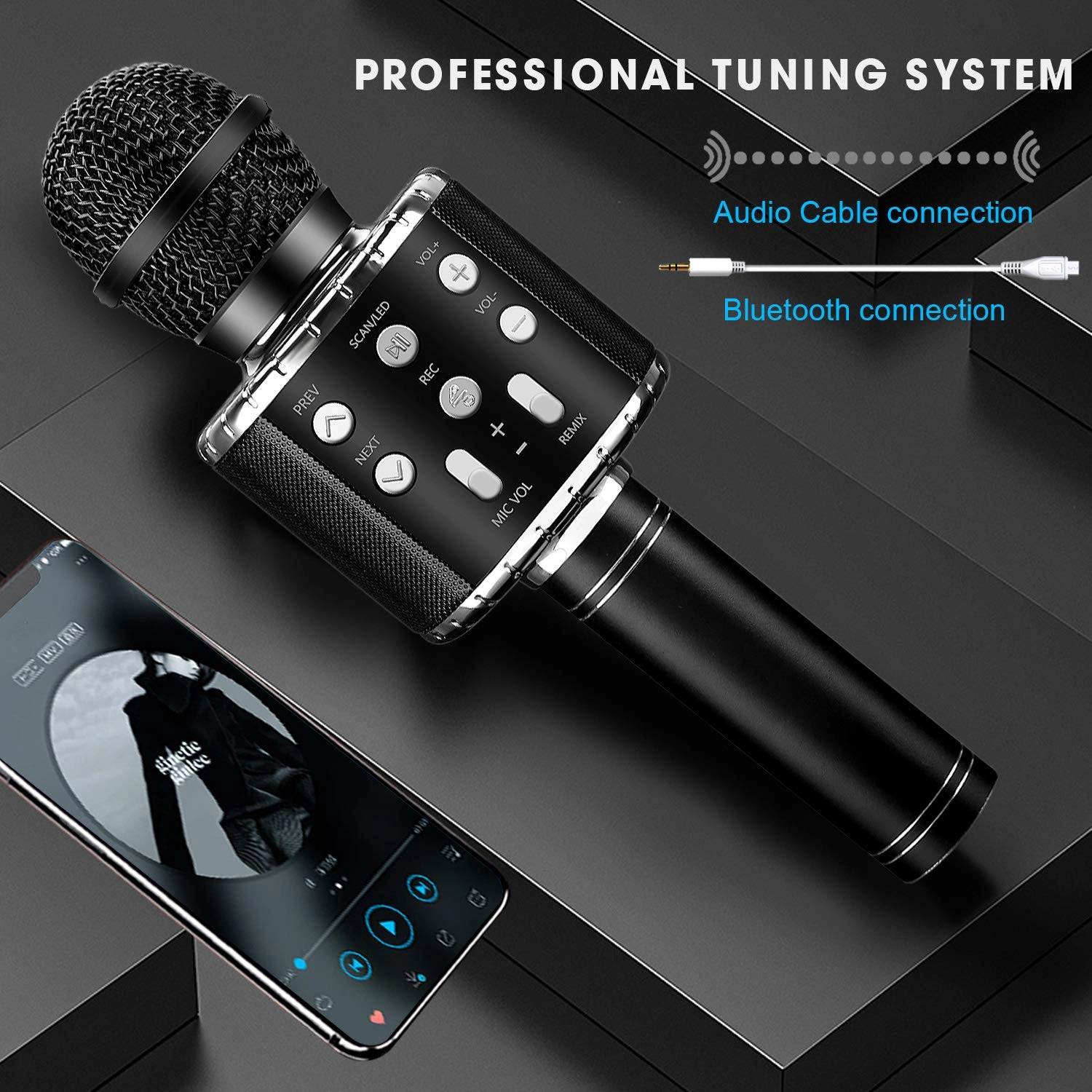 Karaoke Kids Microphone - 5 in 1 Wireless Bluetooth Black