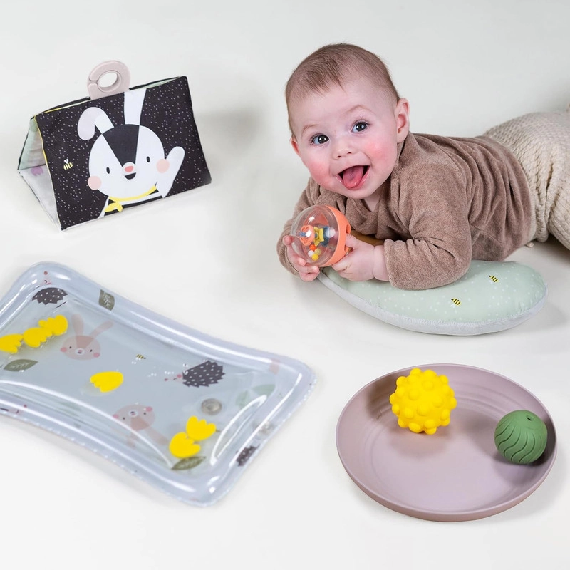 Tummy Time Pillow + Water Mat + Interactive Tray - 3 sensory balls + Crinkle Baby Book - Double-sided