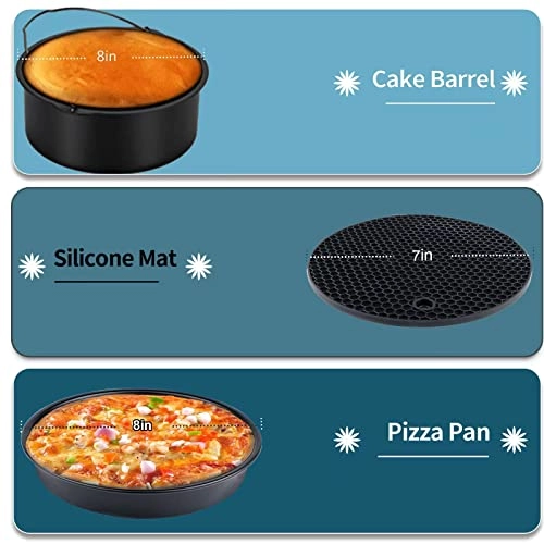 Cake Barrel + Pizza Pan + Cupcake Pan + Metal Holder + Skewer Rack + Silicone Mat + Food Tong + Oil Brush + Air Fryer Liners + Plate Gripper + Silicone oven gloves + Air Fryer Recipe Cookbook - Food grade 304 stainless steel and silicone 12 pcs
